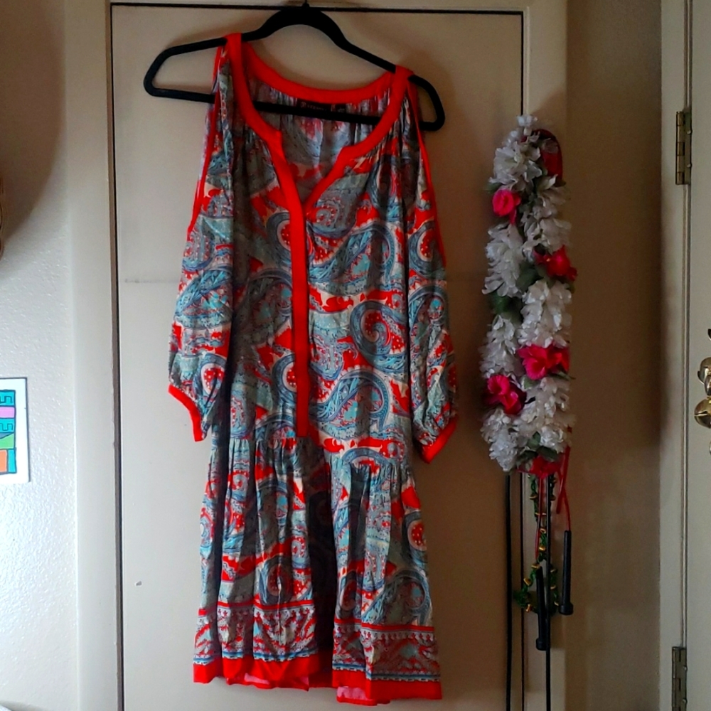 Versona Orange and Blue Paisley Cold Shoulder Dress